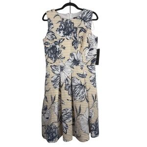 R&K Navy Yellow Floral Striped Sleeveless Pocket Dress 1851383J Womens 12 NEW